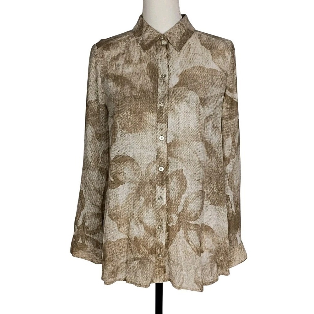 Chico's Womens Floral Blouse Long Sleeve Roll Tap Size 0 Beige/Brown Split Back